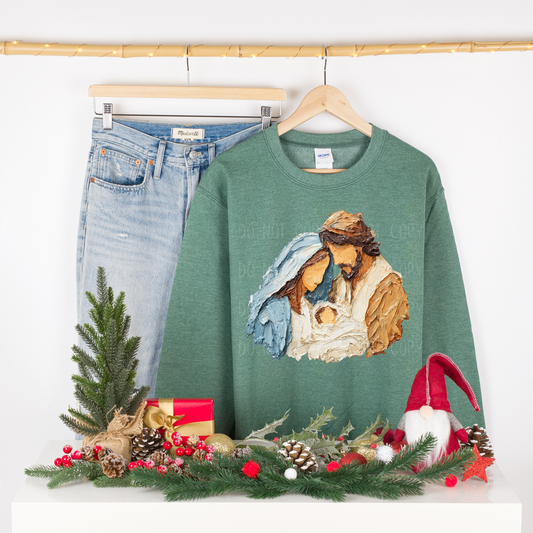 COMPLETED - Painted Mary, Joseph And Jesus Crewneck